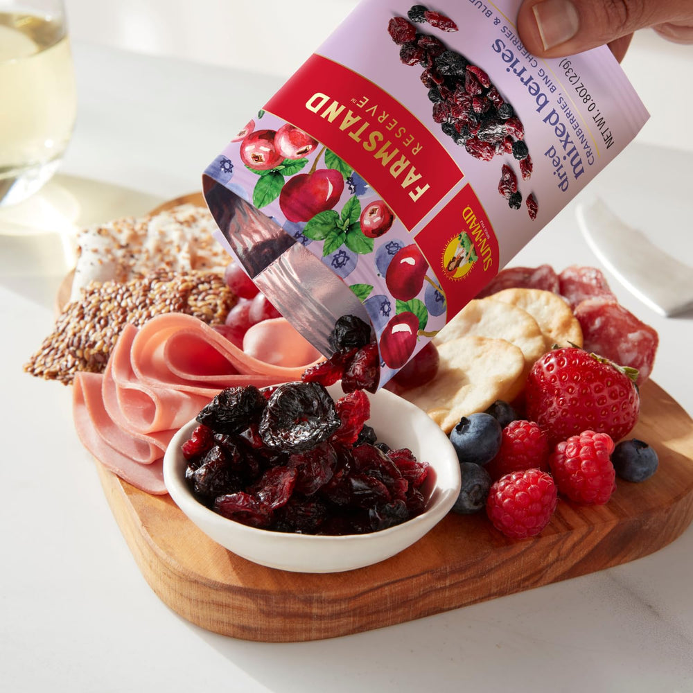 Sun-Maid cranberries, Bing cherries, and blueberries in a single pouch for a balanced taste.