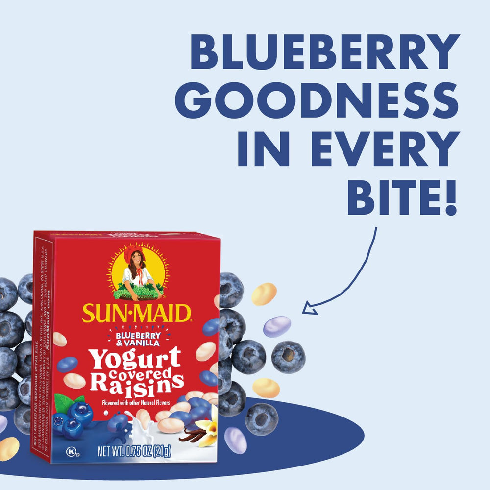 California sun-dried raisins with blueberry vanilla yogurt coating for a tasty treat