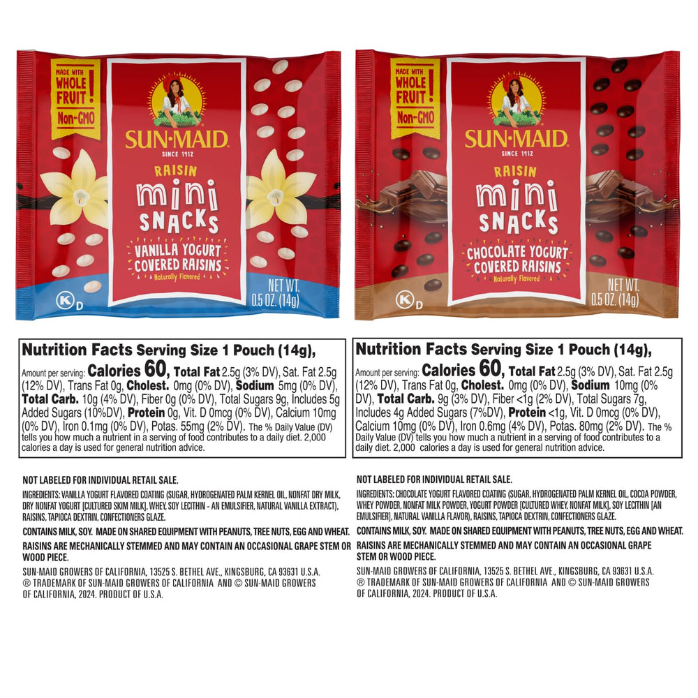 Sun-Maid Chocolate Yogurt Raisins mini bag, tasty lunchbox treat.
