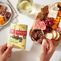 Sun-Maid Farmstand Reserve sea salt chocolate coated banana chips with a glossy cocoa finish.