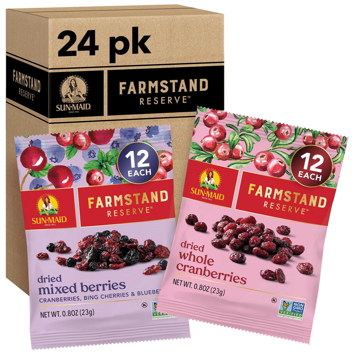 Sun-Maid Farmstand Reserve variety pack on-the-go snacking with fruity berry mix.