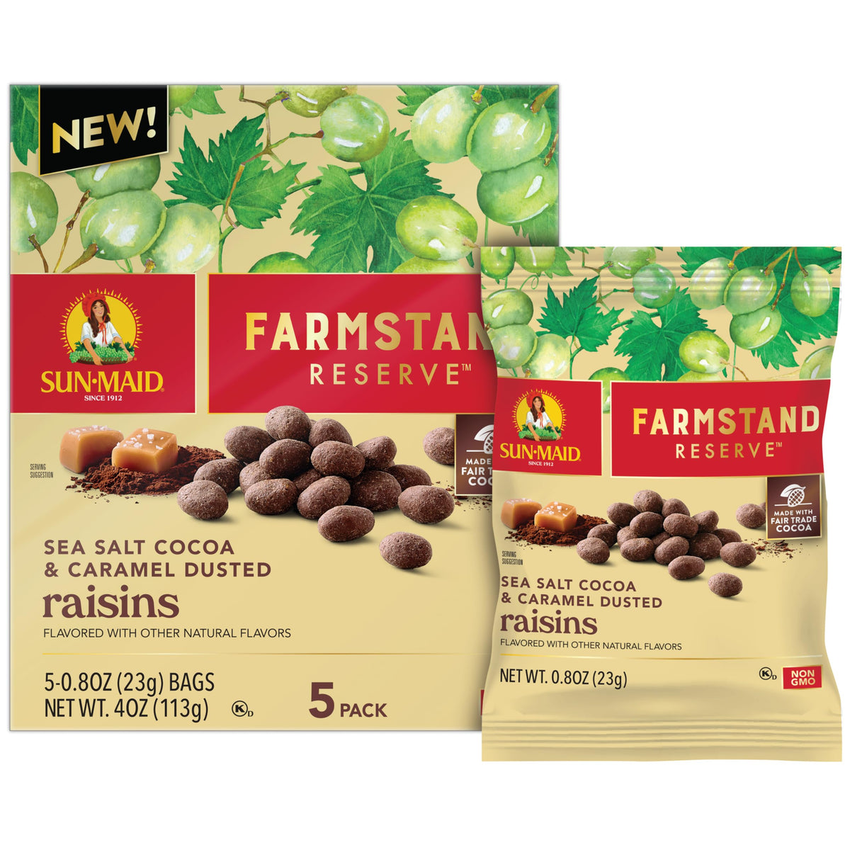 Sun-Maid Farmstand Sea Salt Cocoa-Dusted Raisins in a 5-pack snack for sharing.