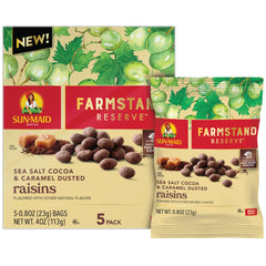 Sun-Maid Farmstand Sea Salt Cocoa-Dusted Raisins in a 5-pack snack for sharing.