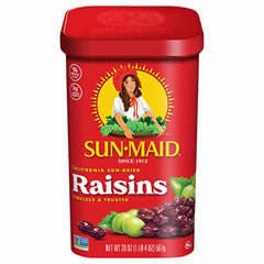 Sun-Maid raisins close-up in bag, sun-dried sweetness for a natural snack.