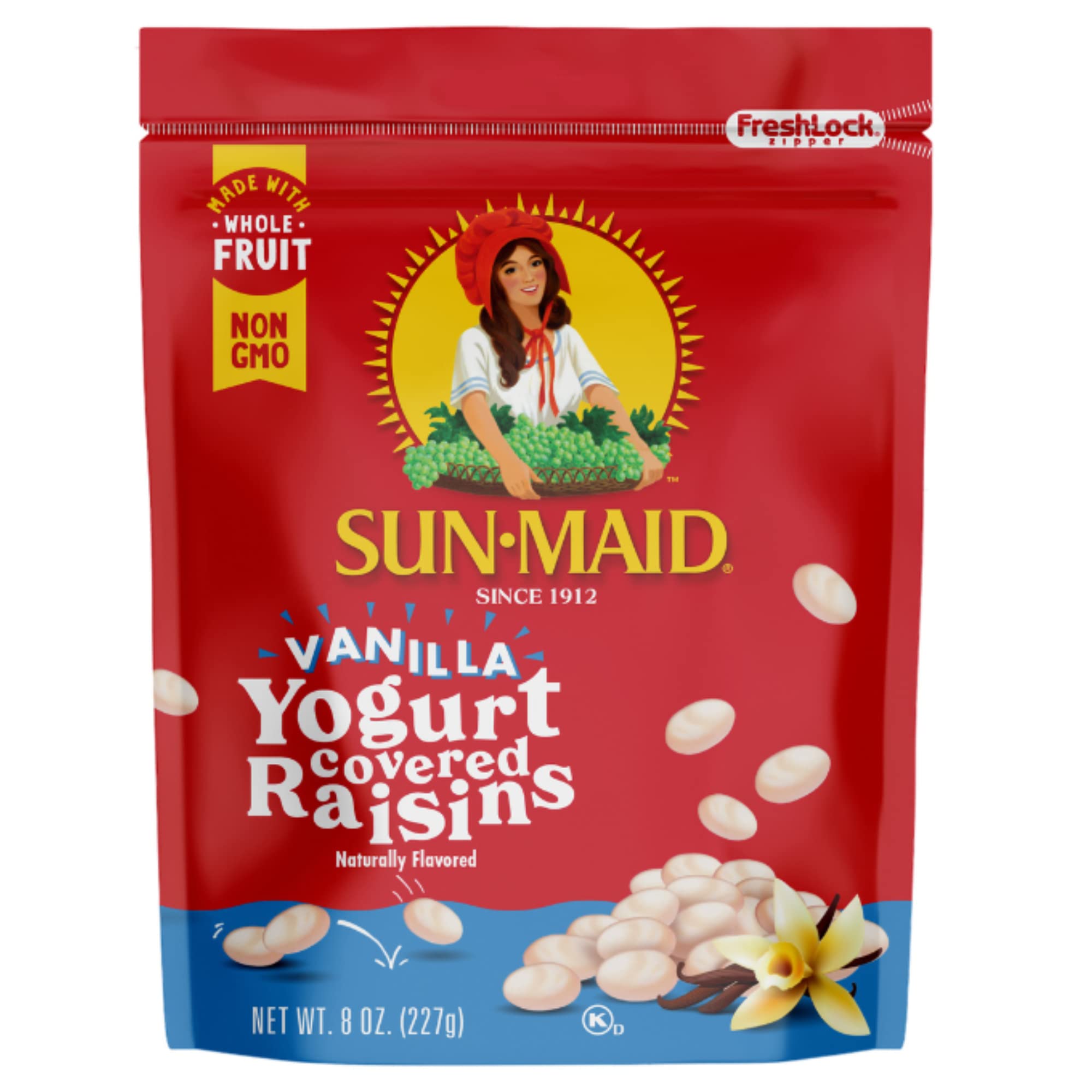 Sun-Maid Vanilla Yogurt Covered Raisins closeup showing creamy coating and fruity sweetness