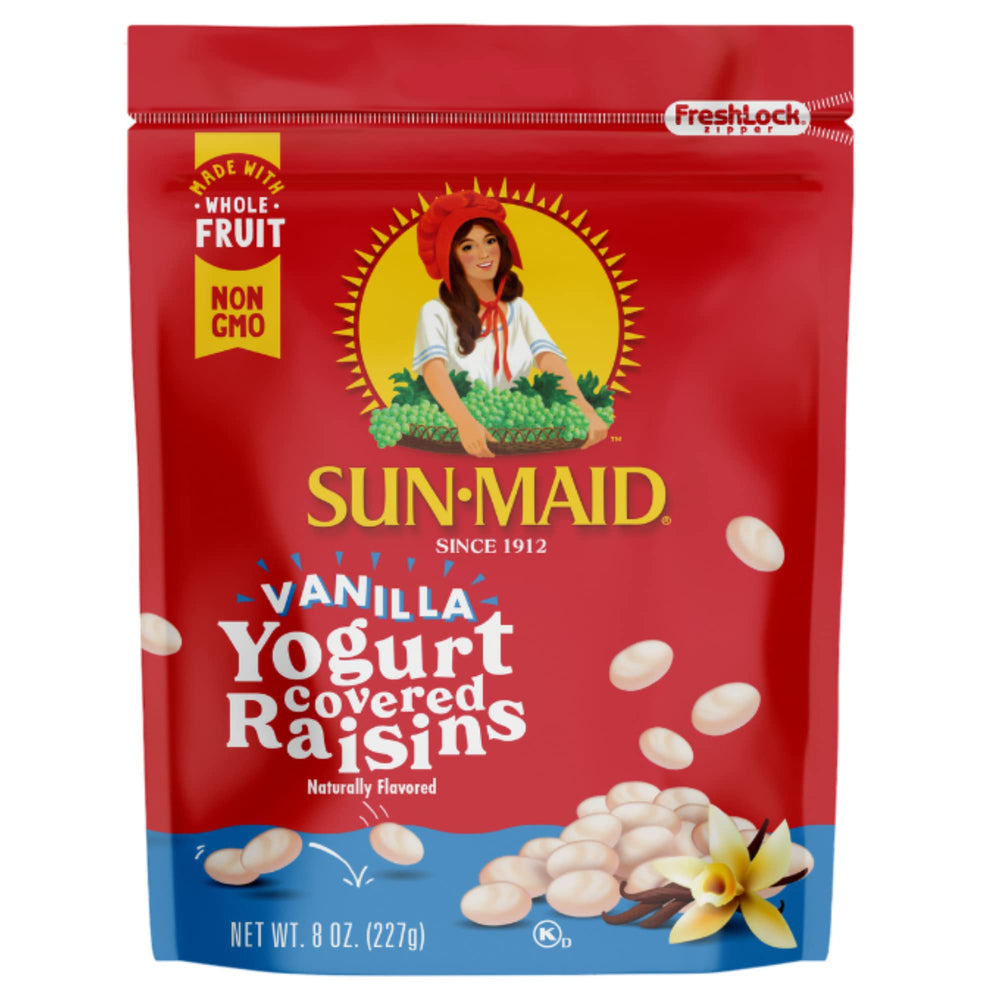 Sun-Maid Vanilla Yogurt Covered Raisins closeup showing creamy coating and fruity sweetness