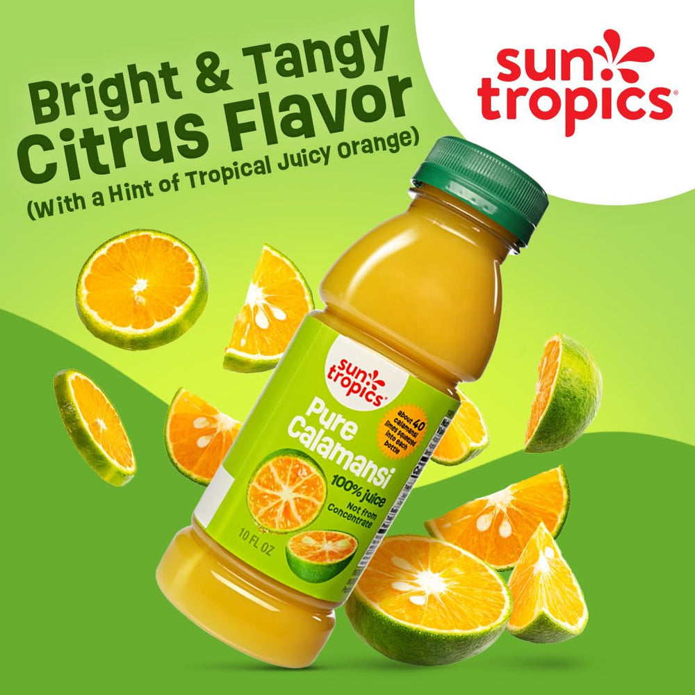 Sun Tropics calamansi label closeup highlighting no sugar added.