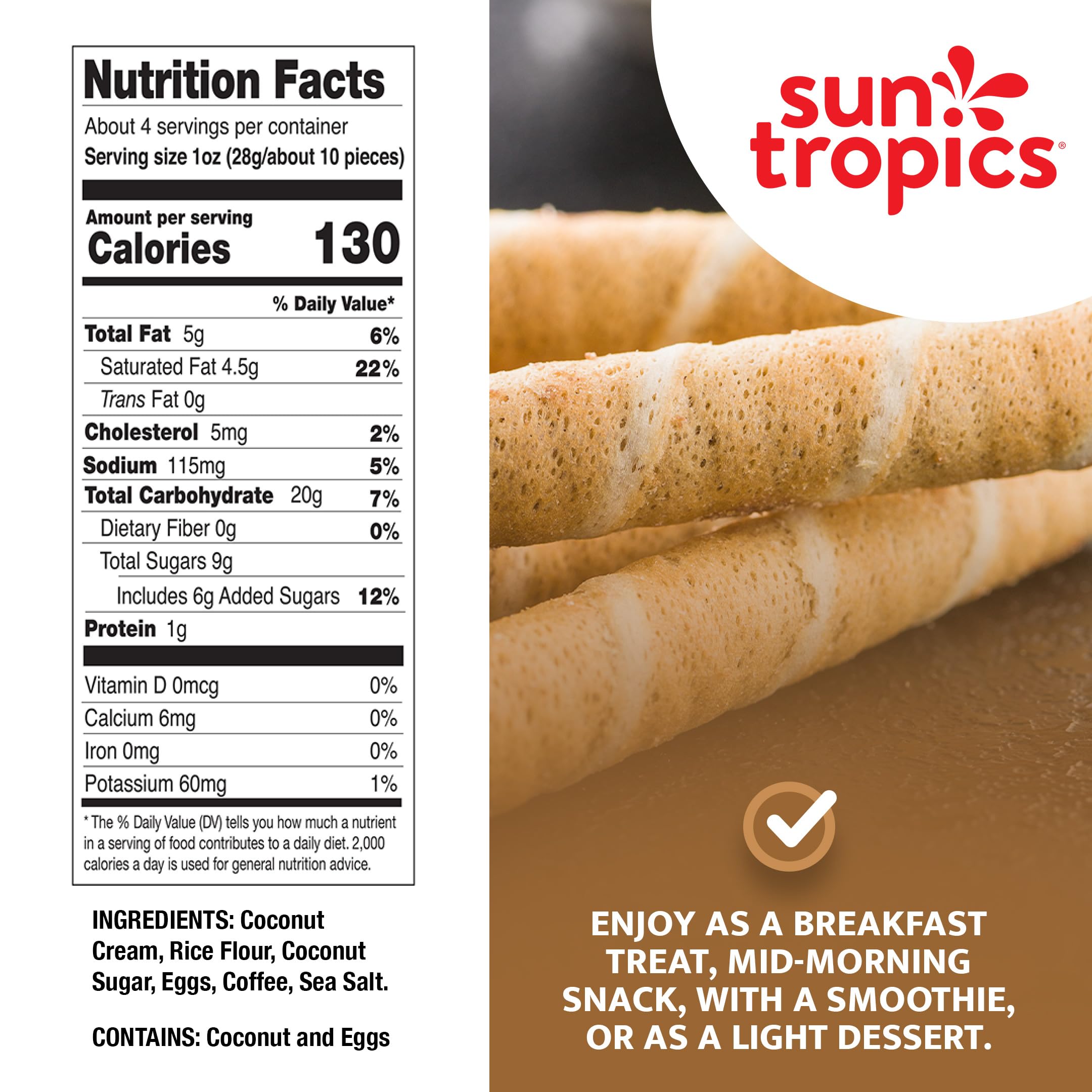 Sun Tropics CocoRolls Espresso bite close-up with rich coconut cream and crisp wafer.