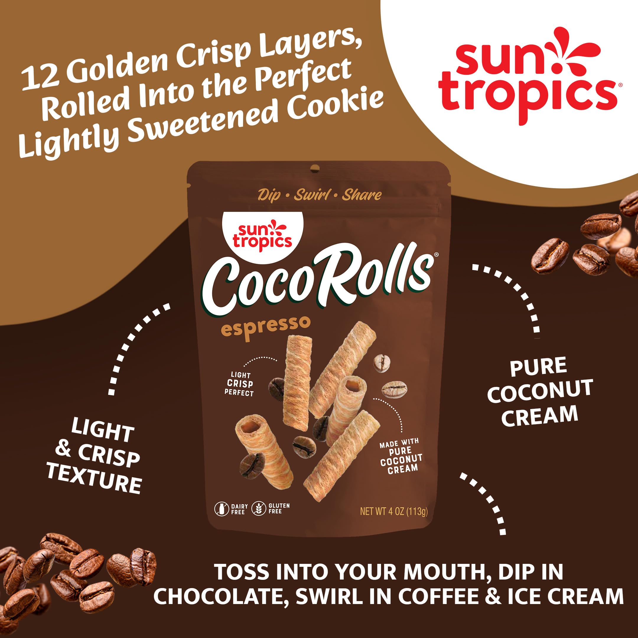 Sun Tropics CocoRolls Espresso being dipped into coffee or sauce for a quick treat.