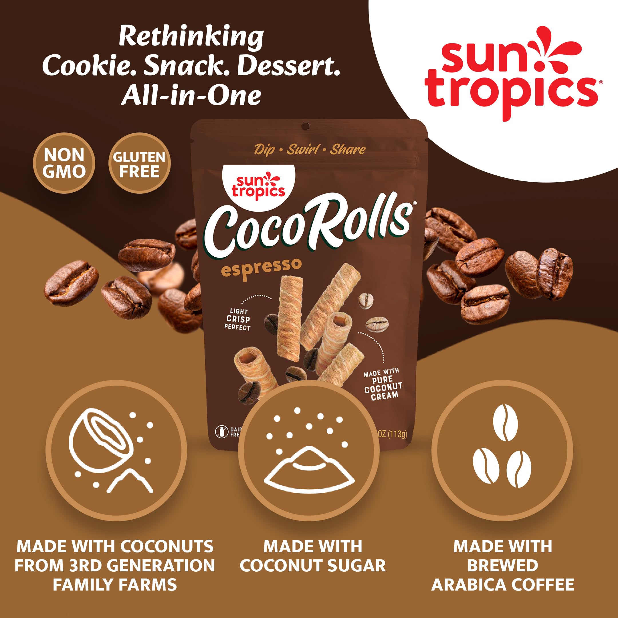 Gluten-free and dairy-free badge on CocoRolls packaging highlights allergen-friendly snack.