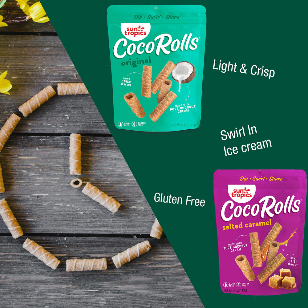 Sun Tropics CocoRolls Original with chocolate dip setting suggests a tasty dessert pairing.
