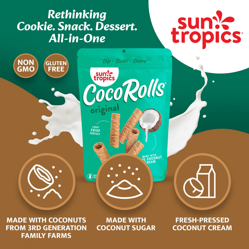 Sun Tropics CocoRolls Original in a resealable pack for on-the-go snacking.