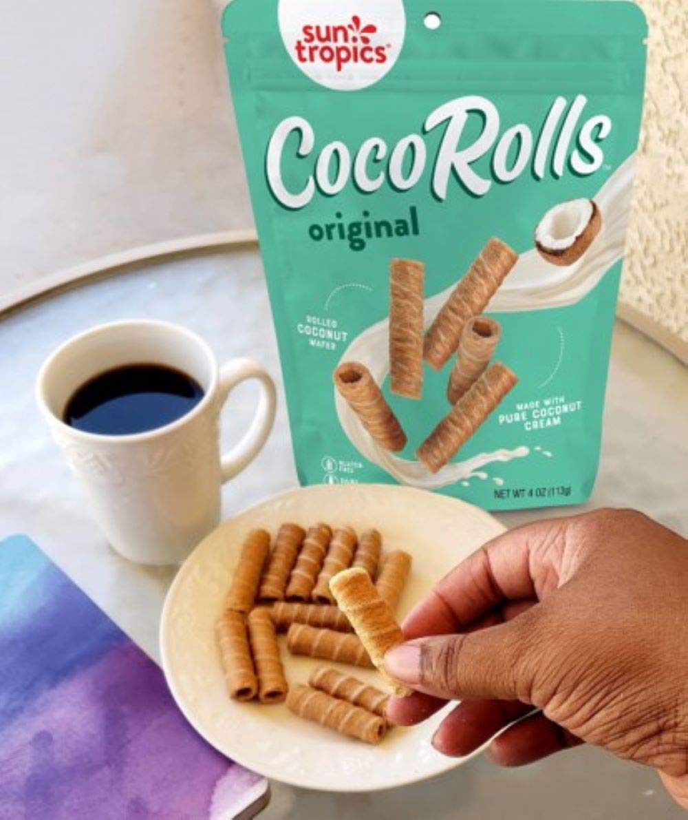 Sun Tropics CocoRolls Original snack board highlighting gluten-free, dairy-free option.