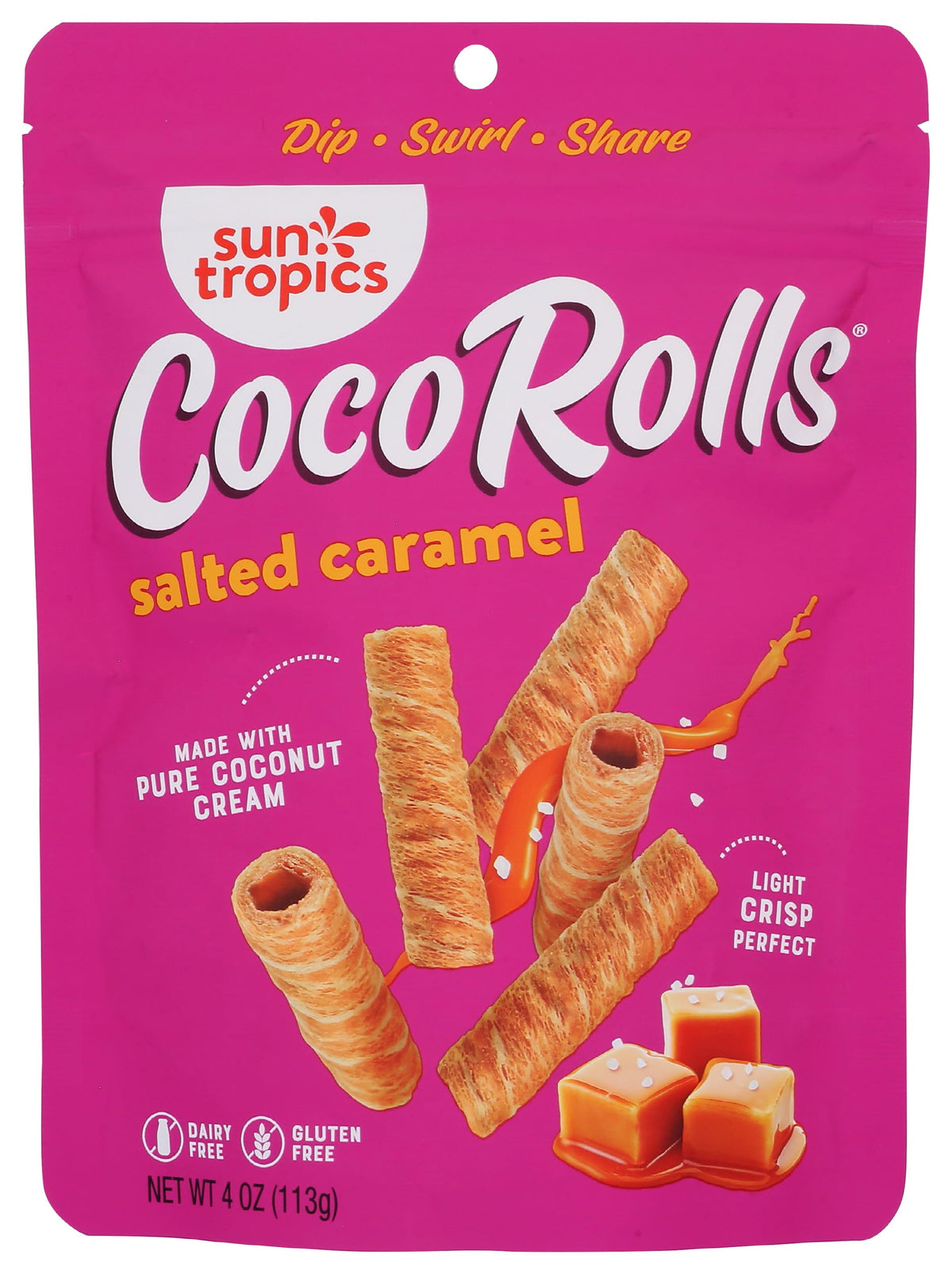 Sun Tropics CocoRolls salted caramel front-pack view highlighting crisp bite-sized wafers for dipping