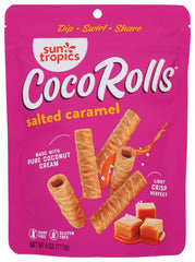 Sun Tropics CocoRolls salted caramel front-pack view highlighting crisp bite-sized wafers for dipping