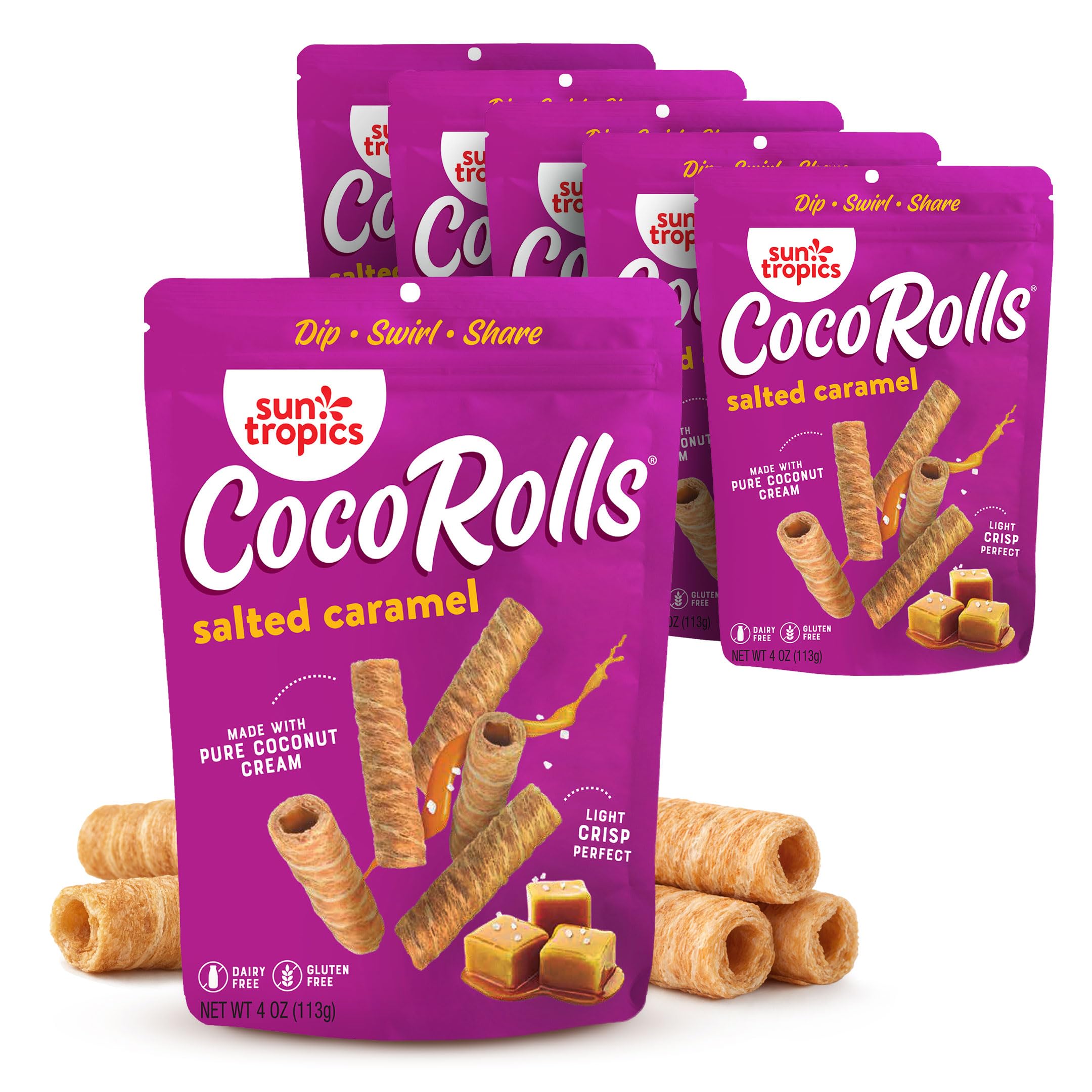 Sun Tropics CocoRolls Salted Caramel pack shows a resealable bag for on the go snacking