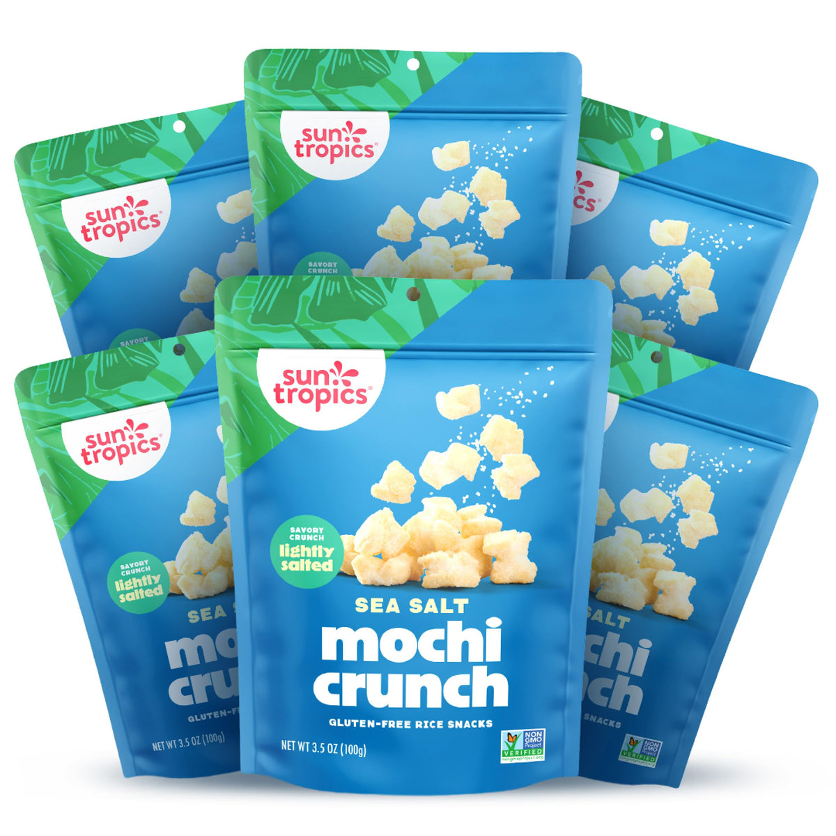 Sun Tropics Mochi Crunch Sea Salt bites in a resealable bag for easy sharing