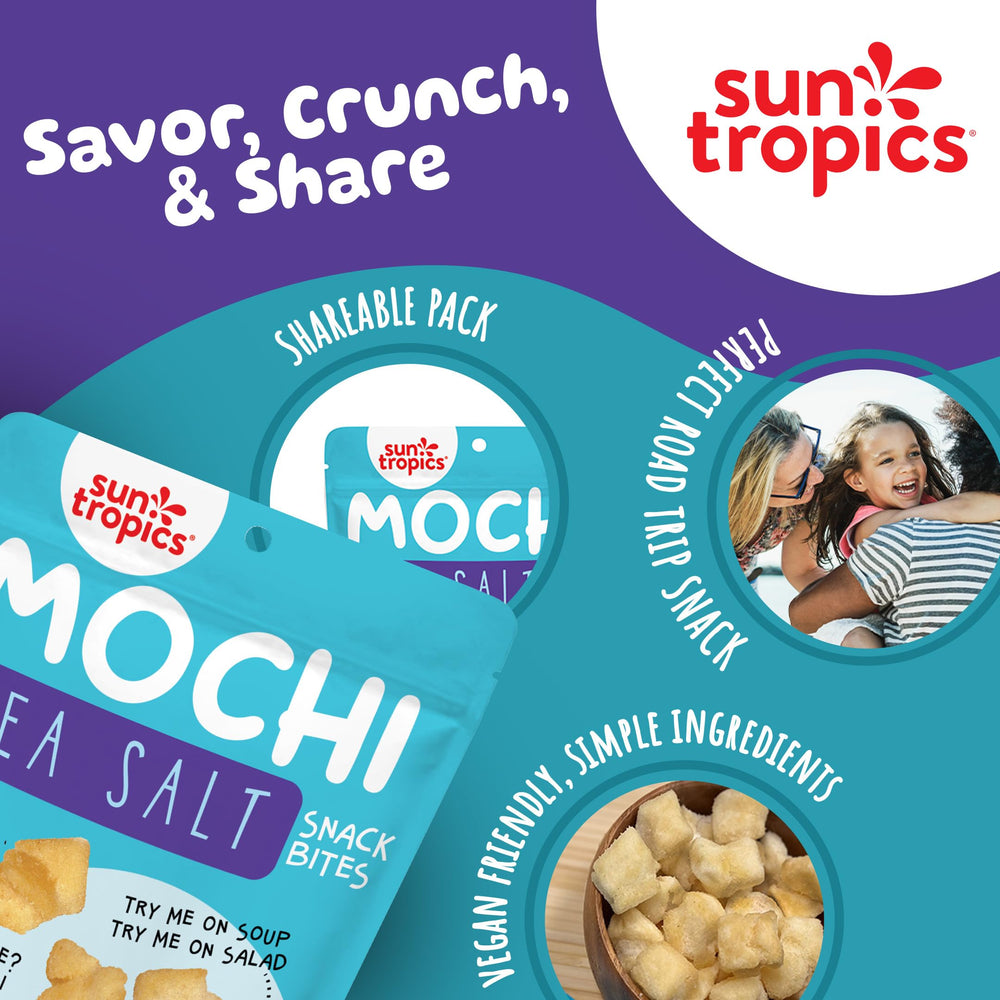 Sun Tropics Mochi Crunch travel-friendly packaging for on-the-go snacking