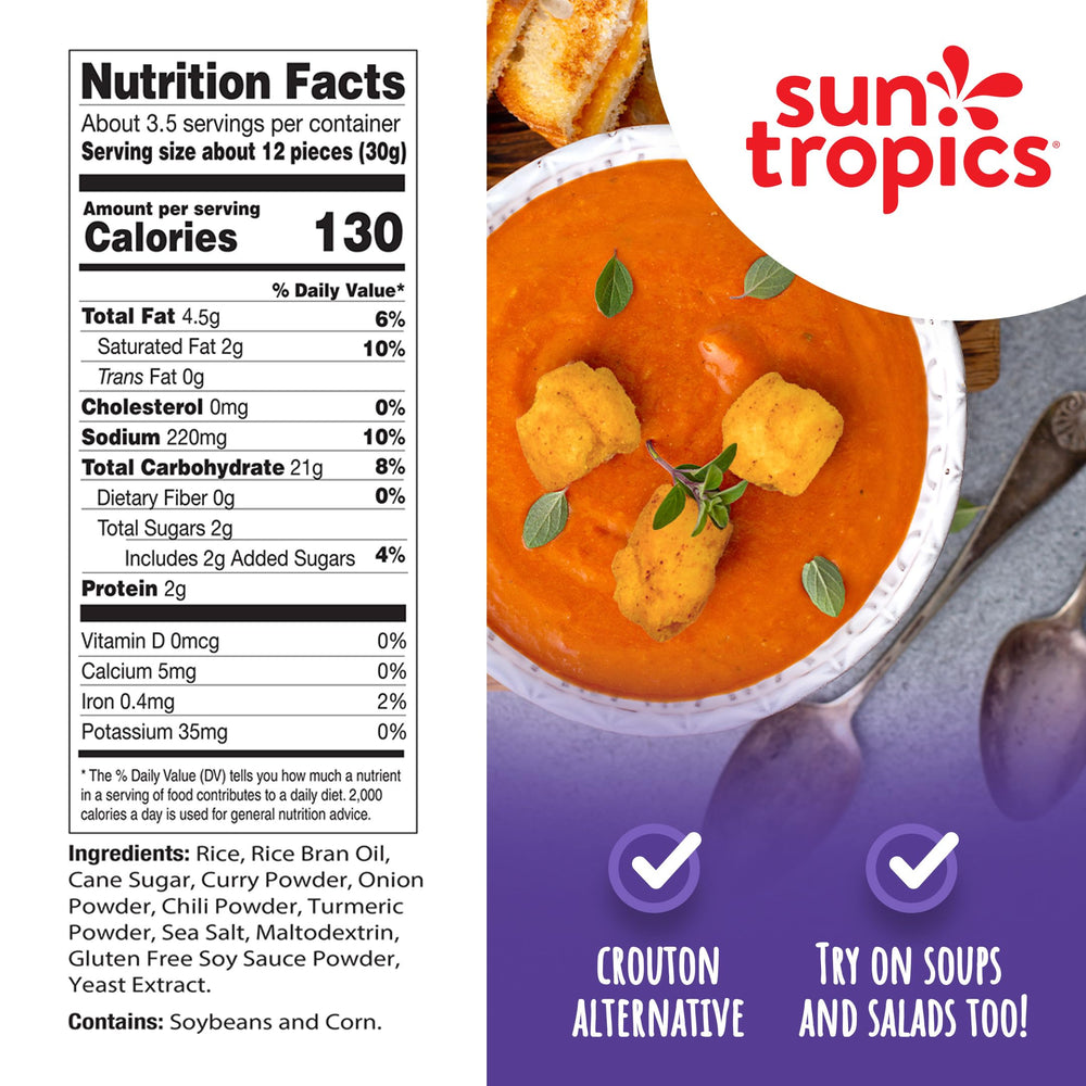 Sun Tropics Mochi Snack Bites Golden Curry close-up texture shows crispy rice bites