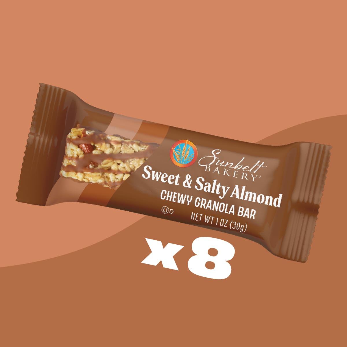 Box detail showing eight bars, whole grain content and no preservatives