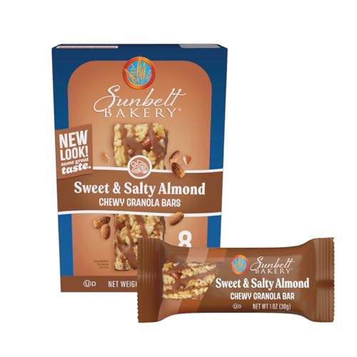 Eight bars in a Sunbelt box, featuring almonds and fudge texture
