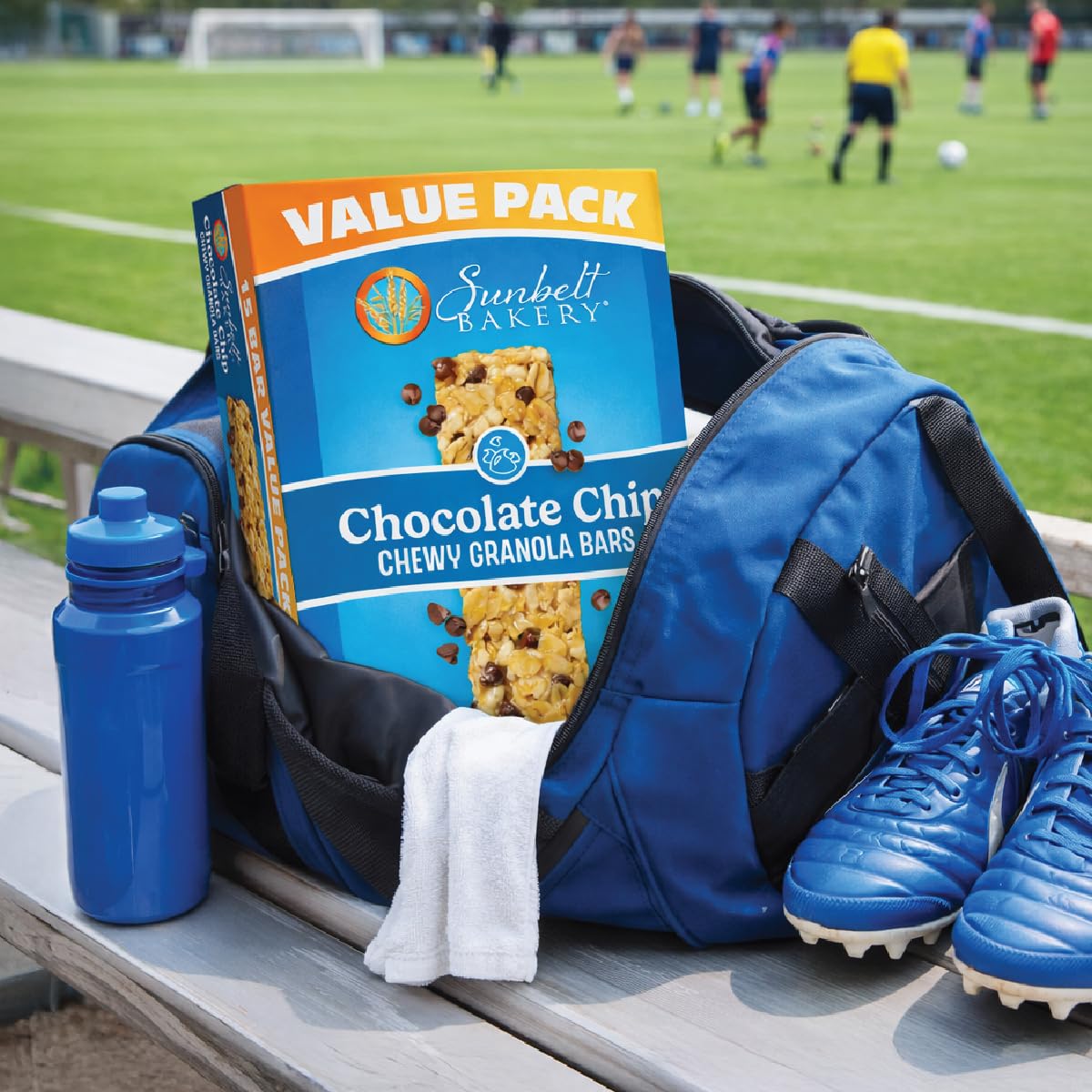 Sunbelt Bakery chewy chocolate chip bar on the go, convenient snack.