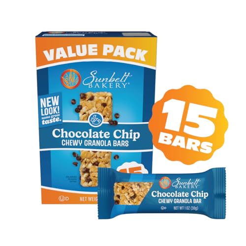 Sunbelt Bakery chocolate chip granola bar close-up chips, tempting texture.