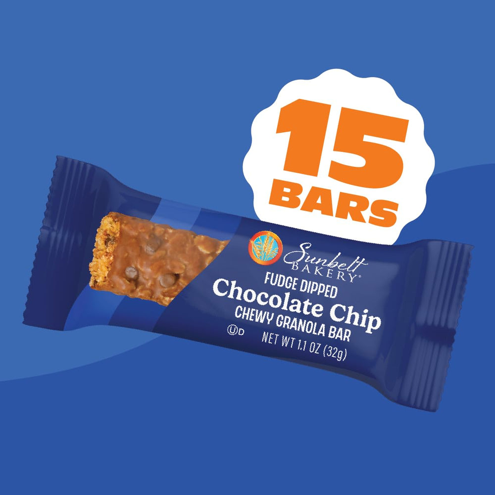 Sunbelt Bakery fudge dipped bars mini chips closeup, bite sized chocolate