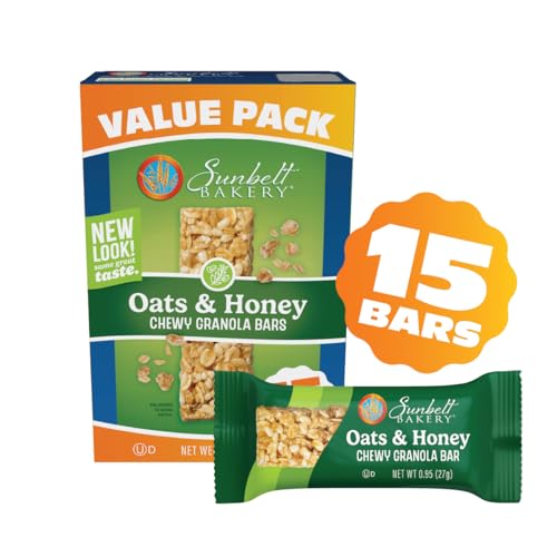 Sunbelt Bakery Oats and Honey granola bar packaging, no preservatives noted, great pantry staple.