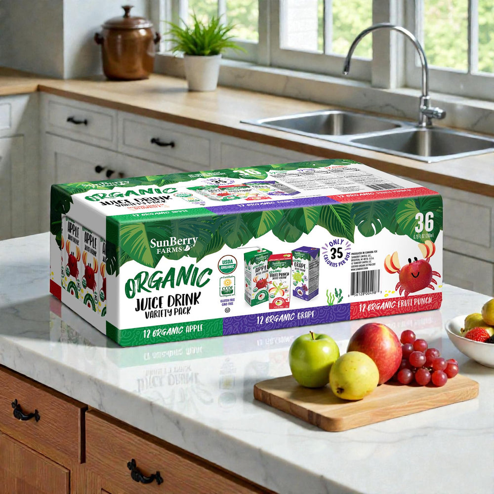 Sunberry Farms Shelf-stable juice boxes, store easily without refrigeration.