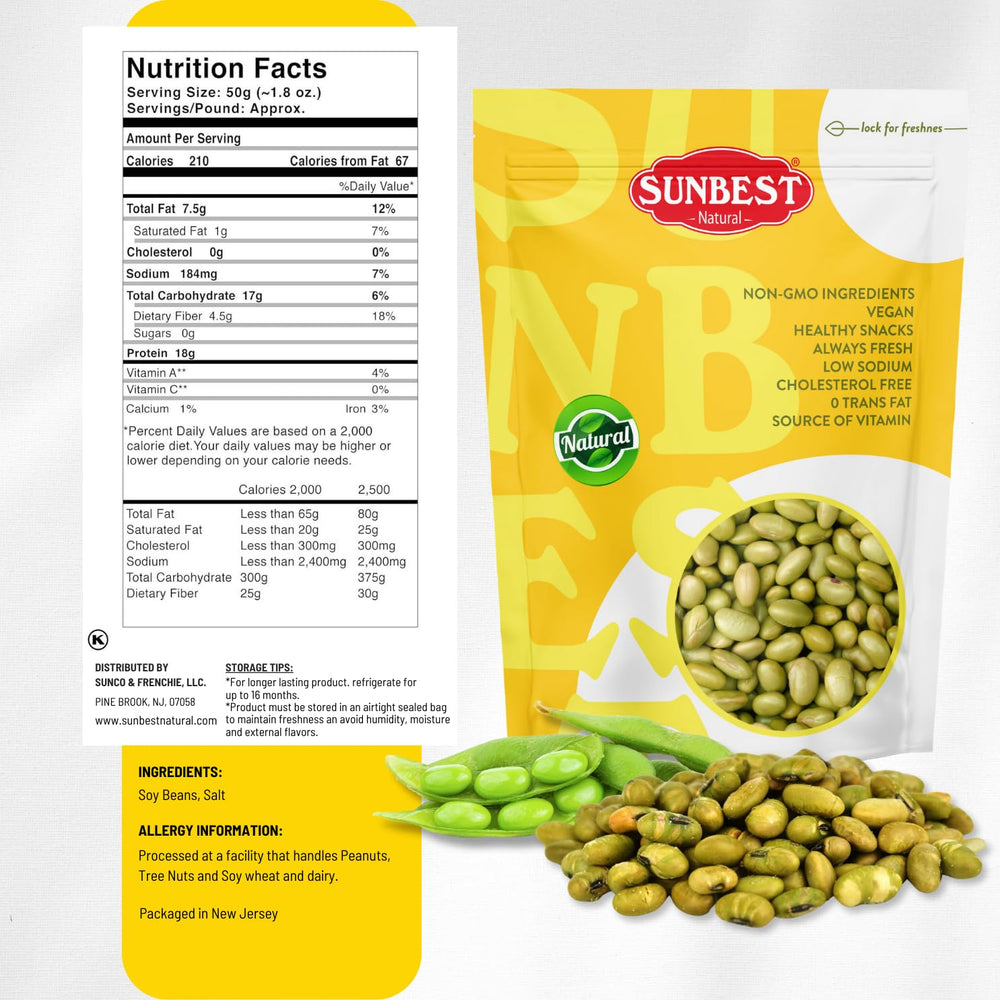 Sunbest edamame beans close-up with salt highlights, perfect crunchy bite.