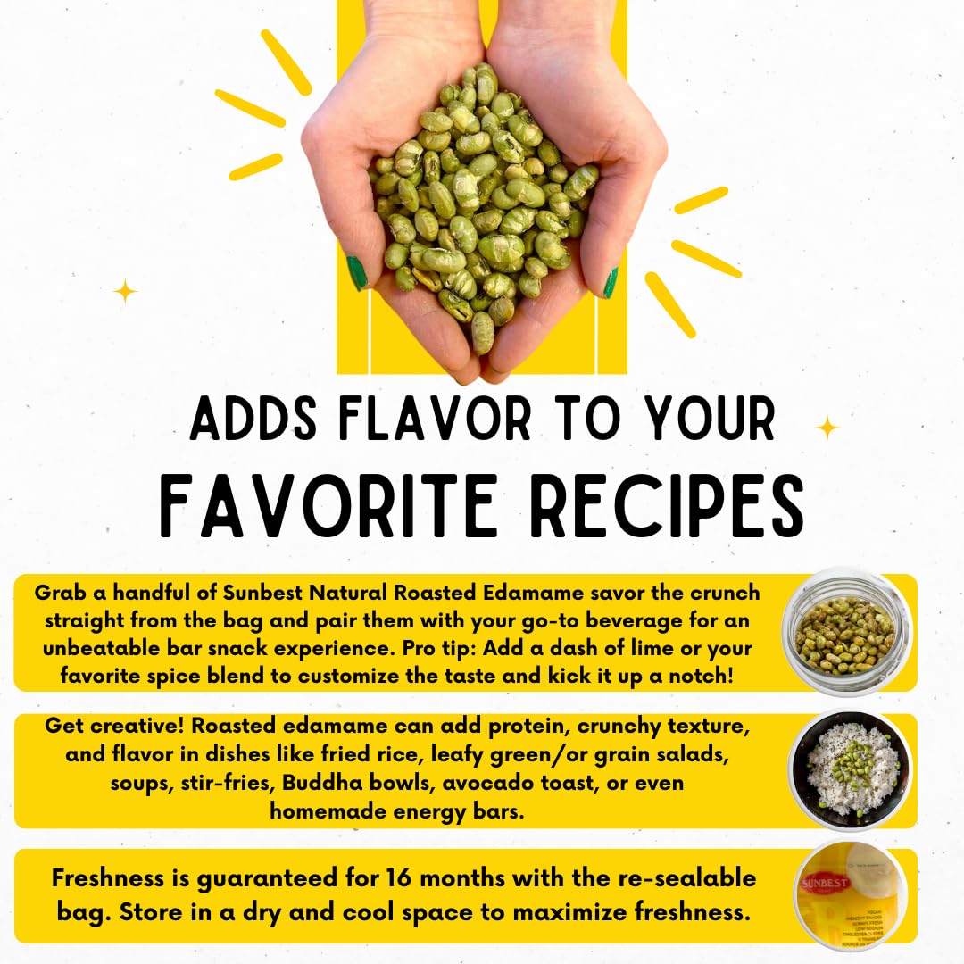 Sunbest edamame snack at desk, a convenient protein boost.
