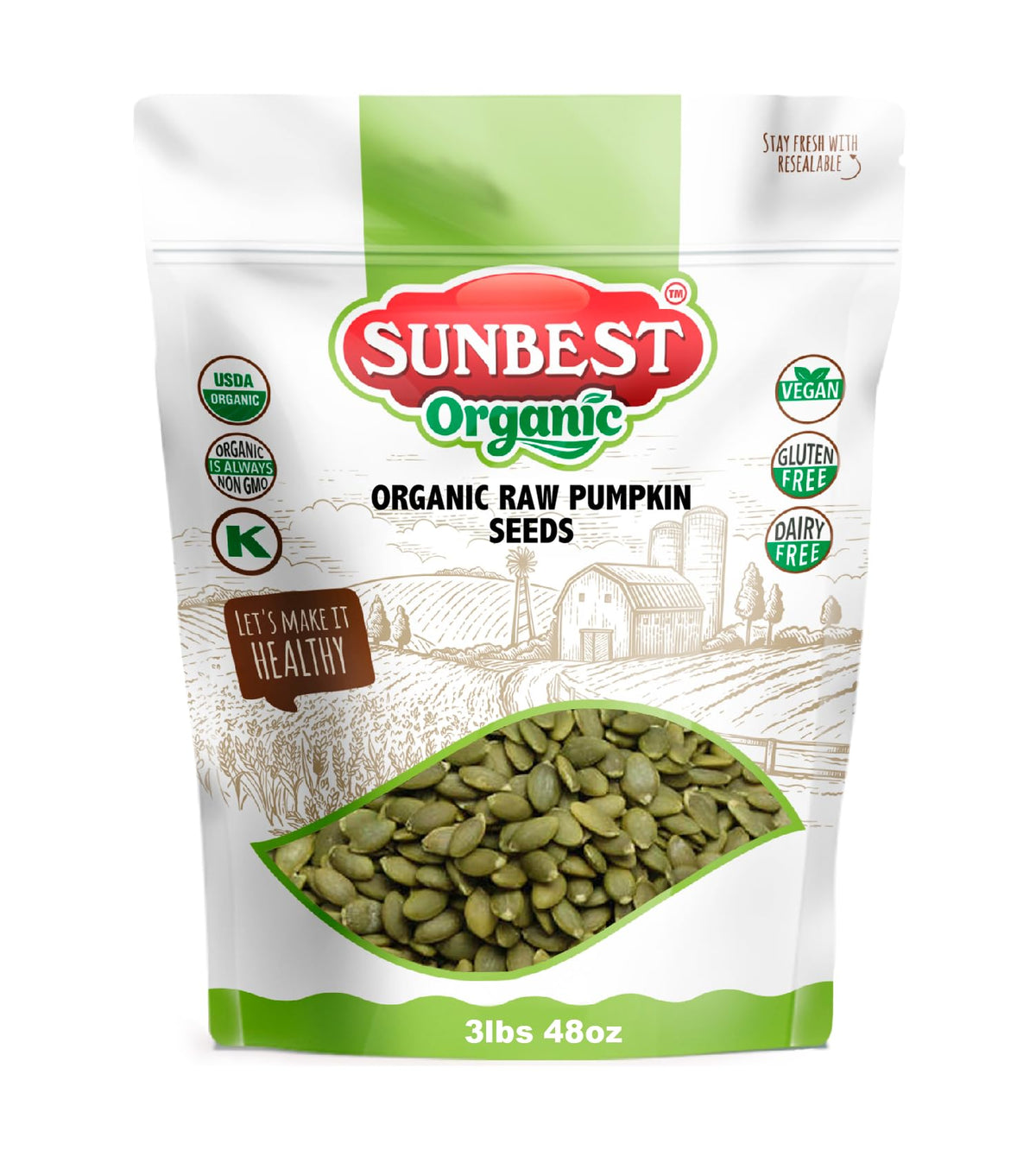 SUNBEST NATURAL organic raw pumpkin seeds in a bulk bag for easy snacking.
