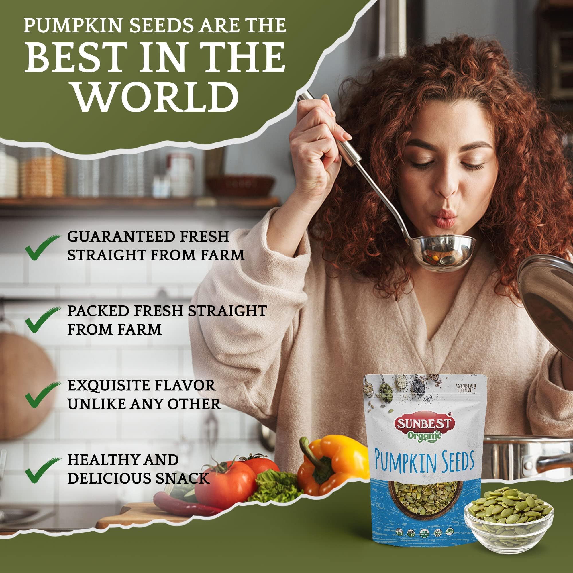 SUNBEST NATURAL pumpkin seeds on salad bowl for crunch and nutrition.