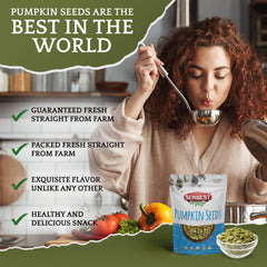 SUNBEST NATURAL pumpkin seeds on salad bowl for crunch and nutrition.