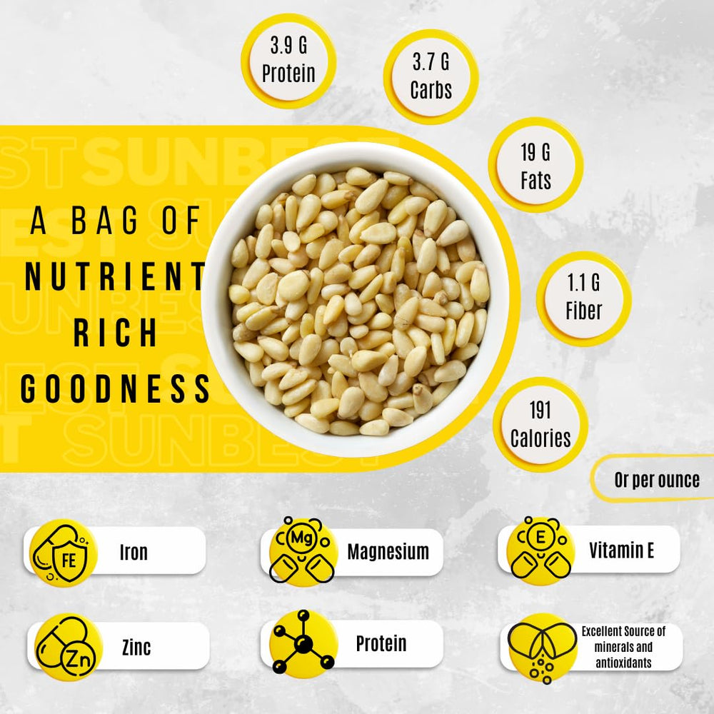 SUNBEST NATURAL pine nuts packaging back signals non-GMO vegan-friendly.