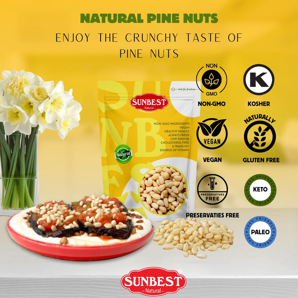 SUNBEST NATURAL raw pine nuts 8oz ready for quick snacking.