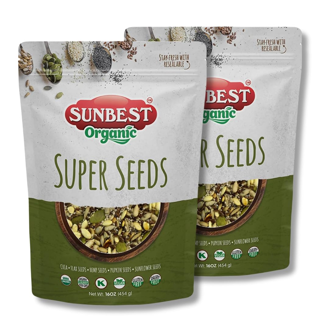 Sunbest Natural Super Seeds Mix bag-front, organic pantry staple for fiber-rich snacking