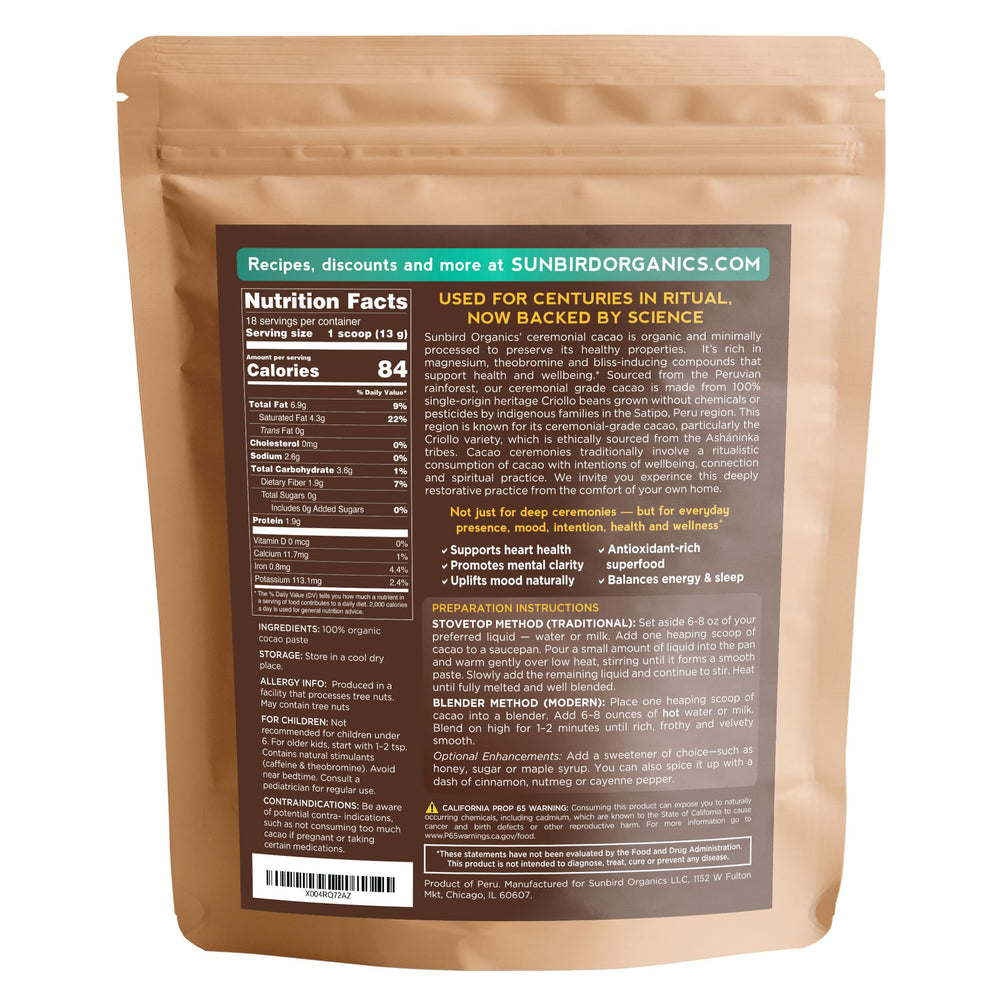 Sunbird Organics cacao packaging highlighting single-origin Criollo from Peru