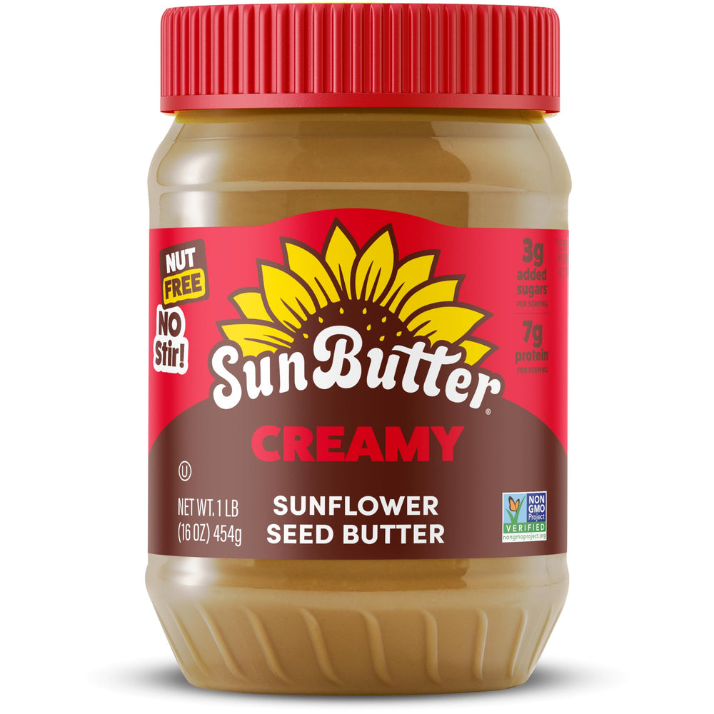 SunButter Creamy sunflower seed butter jar front view, rich, nut-free spread for snacks.