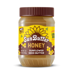 SunButter Honey jar close-up, creamy texture and natural honey sweetness.