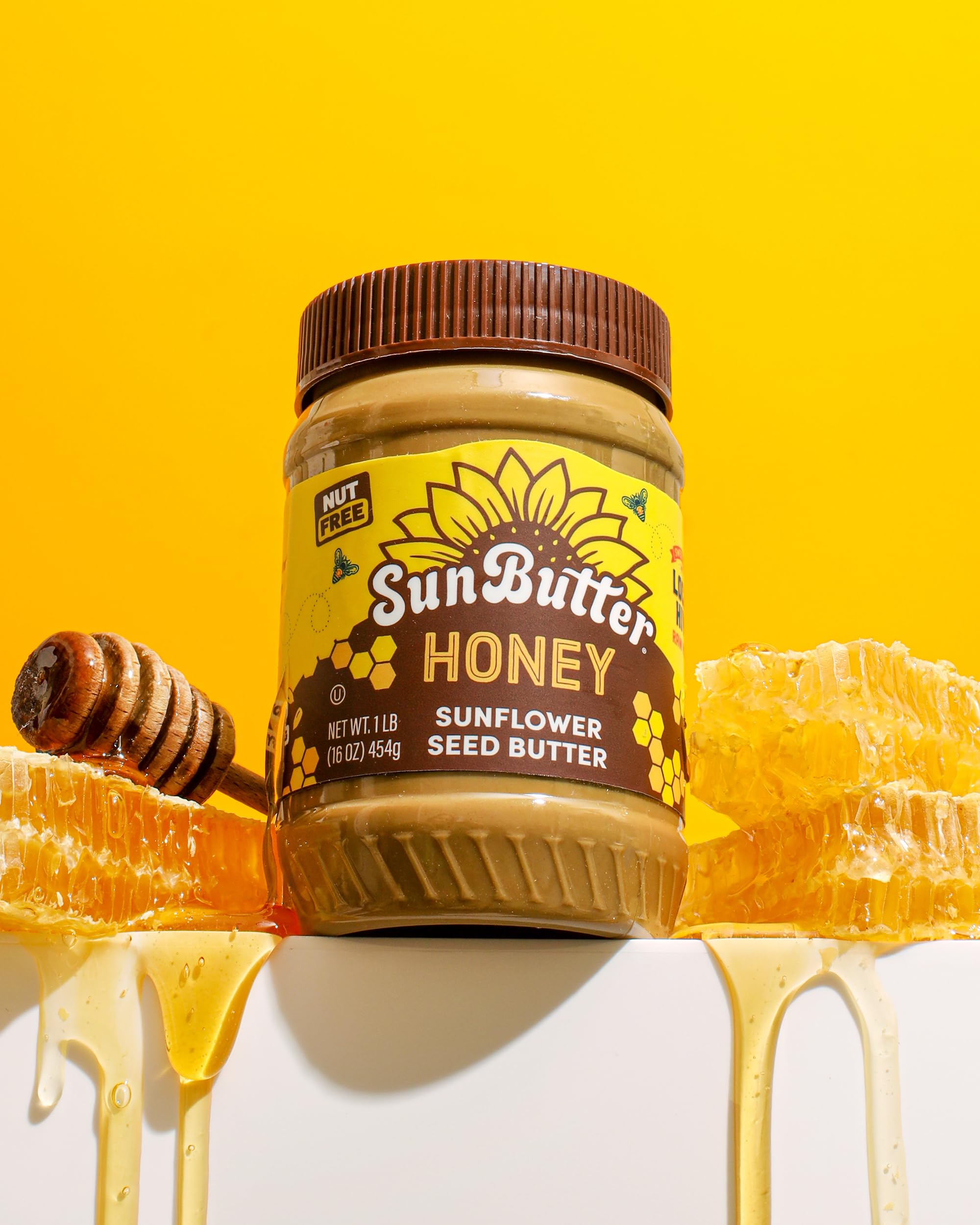 SunButter Honey spoonful, creamy, allergen-friendly snack.