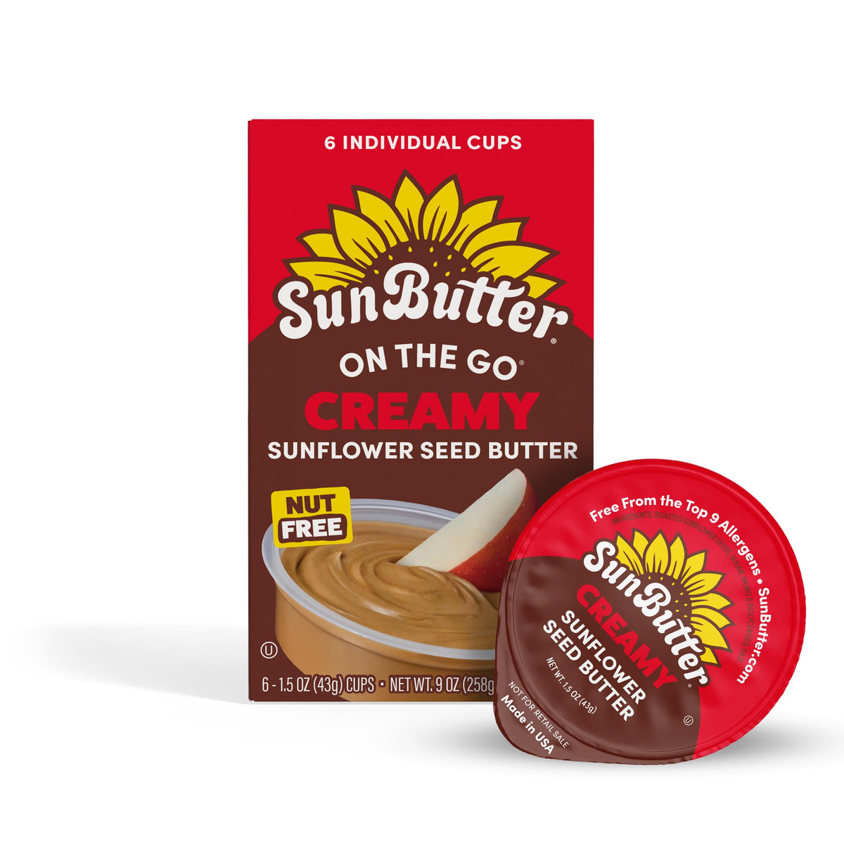 SunButter On-the-Go Cups Creamy packaging with six 1.5 oz portions.