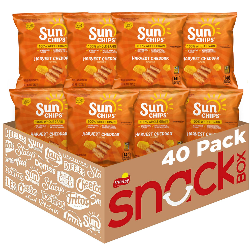 SunChips Harvest Cheddar bag close-up highlighting whole grain goodness for lunchboxes