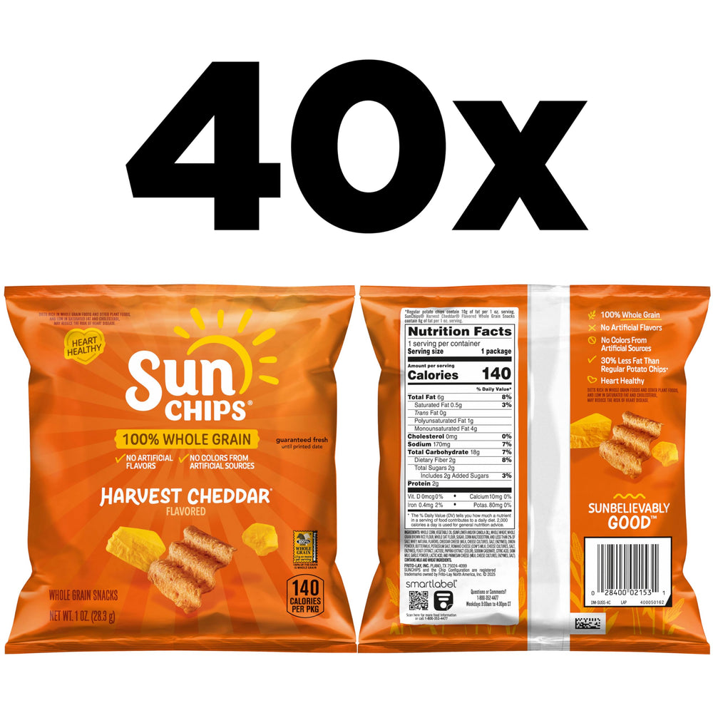 SunChips Harvest Cheddar 40-bag display, ideal for on-the-go snacking