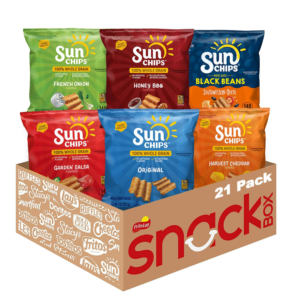 SunChips 21-pack variety with 1 oz bags, ideal for lunch boxes and on-the-go snacking