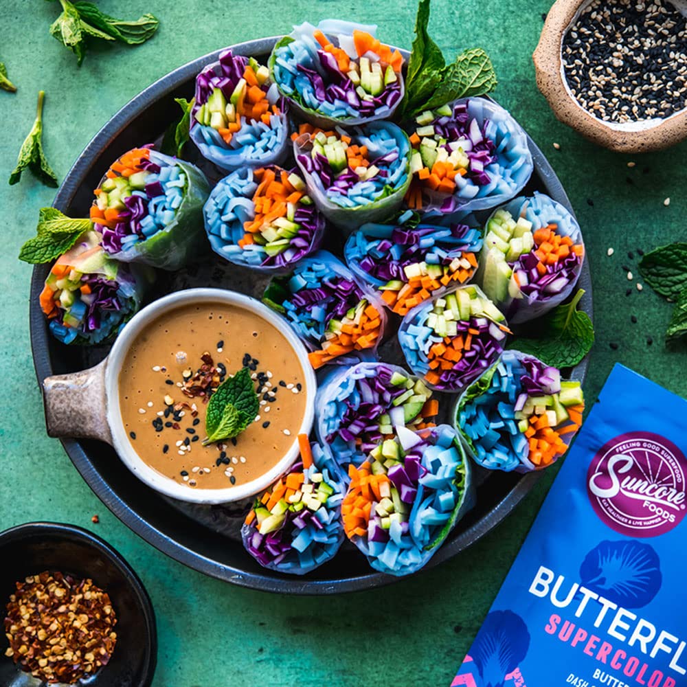 Suncore Foods Blue Butterfly Pea Powder color-change with citrus, blue-to-purple transition.