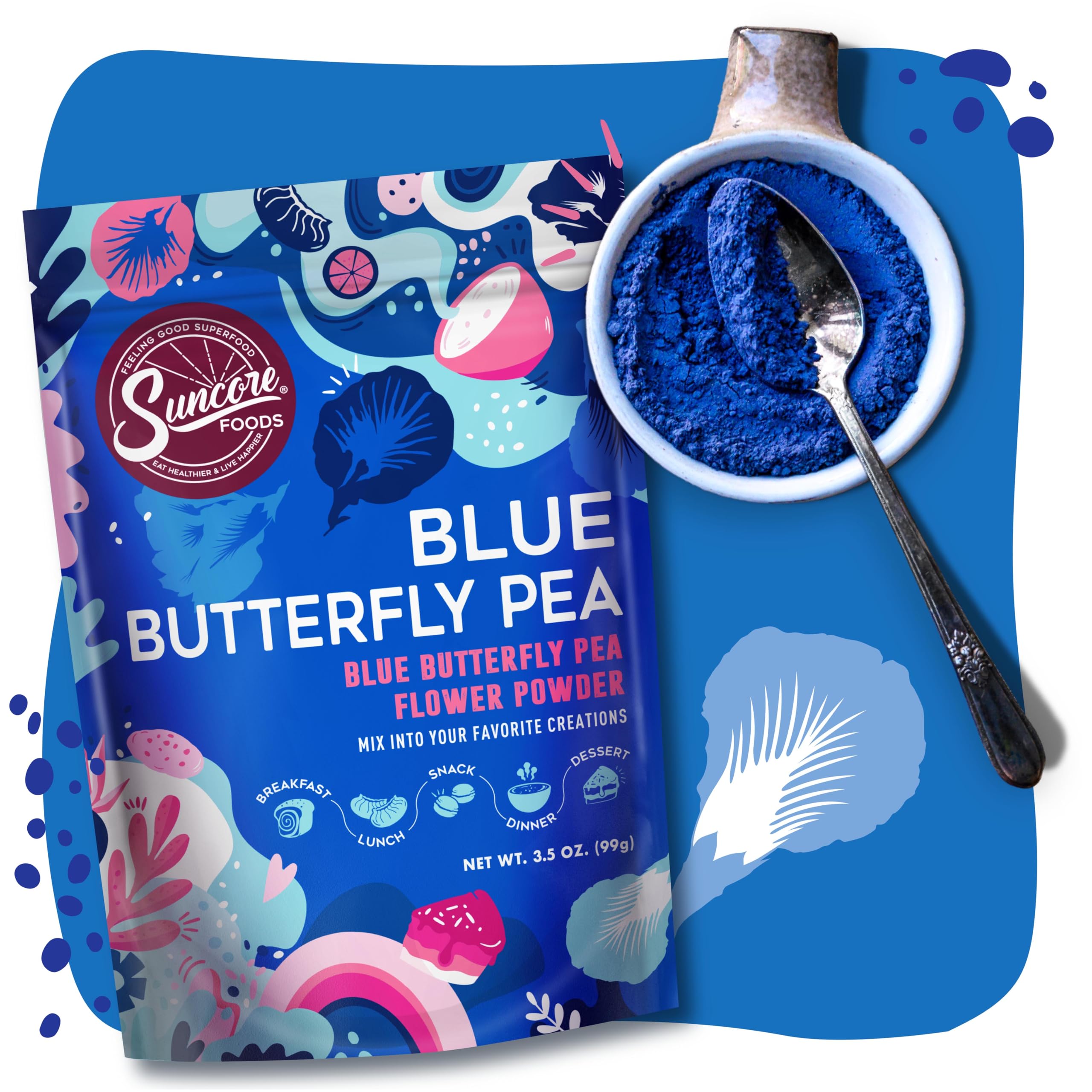 Suncore Foods Blue Butterfly Pea Powder in a measuring spoon.