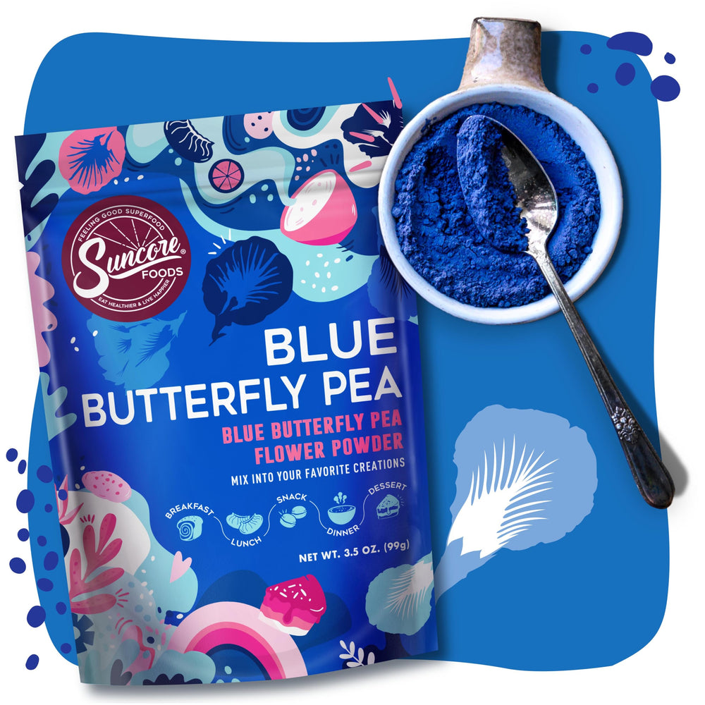 Suncore Foods Blue Butterfly Pea Powder in a measuring spoon.