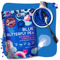 Suncore Foods Blue Butterfly Pea Powder in a measuring spoon.
